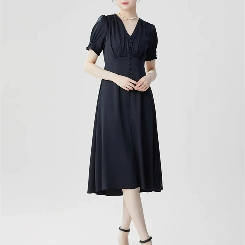 哥弟阿玛施正夏季中法式气质海岛丝缎连衣裙显瘦连衣裙修身拼接