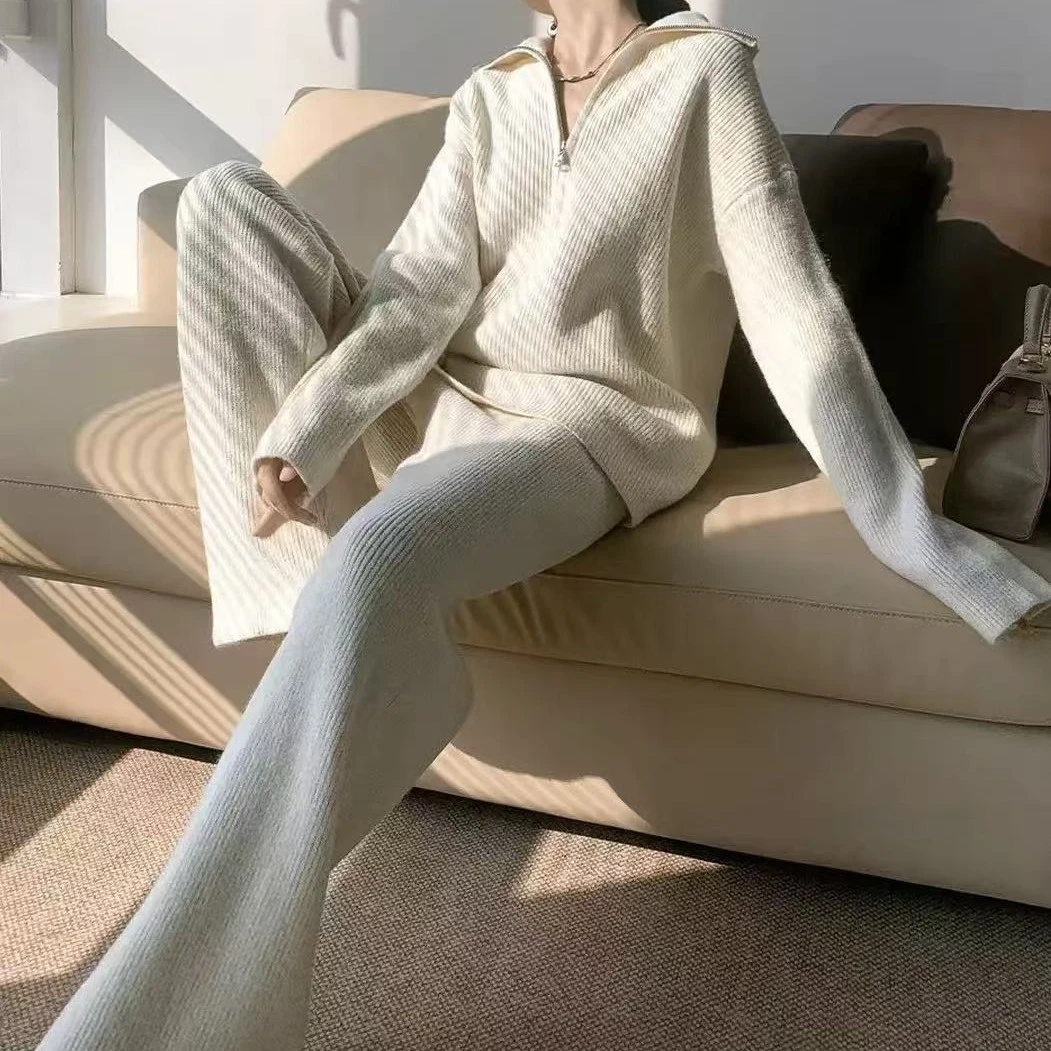 2025慵懒风高领套头毛衣套装女秋冬韩版宽松纯色针织阔腿裤套装
