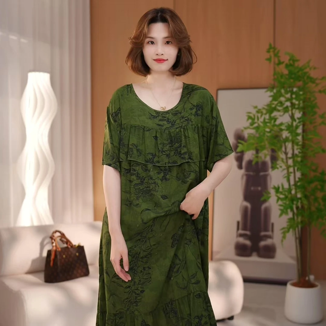 精梳绵绸【国风绿~舒适睡裙】透气宽松家居睡裙可外穿