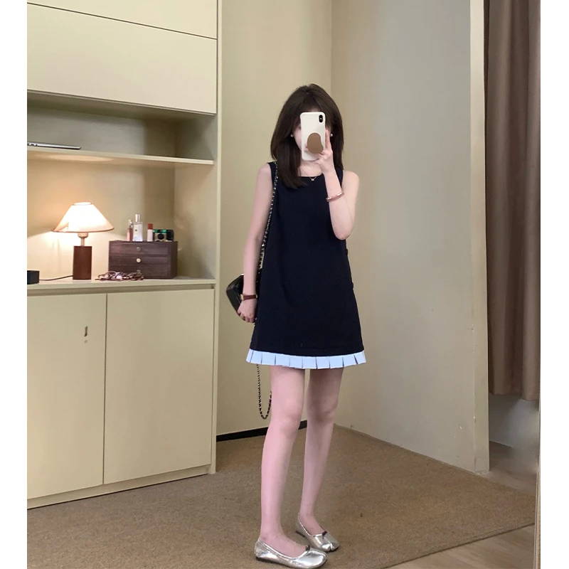 FUGUI RICH小个子气质连衣裙夏新款拼接褶皱洋气甜美可爱法式短裙