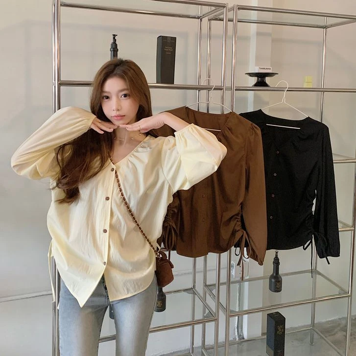 法式秋季大码女装显瘦胖mmV领衬衫褶皱抽绳长袖别致上衣66377#