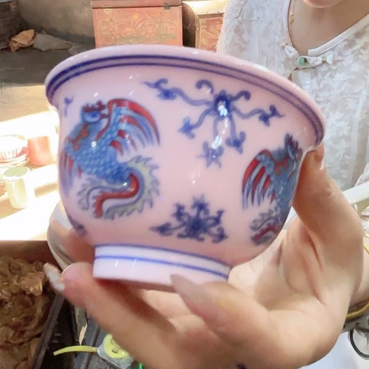 摆件景德镇高温陶瓷团凤杯