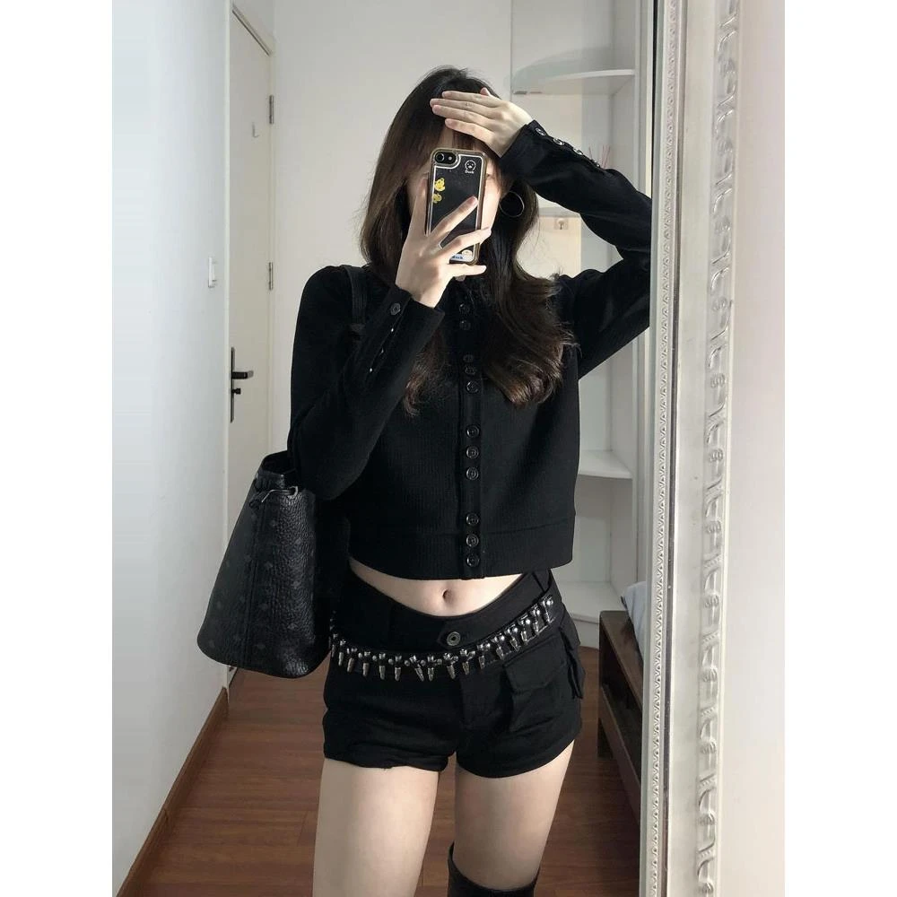 法式覆古黑色翻领长袖针织开衫外套女早秋小个子韩系气质短款上衣