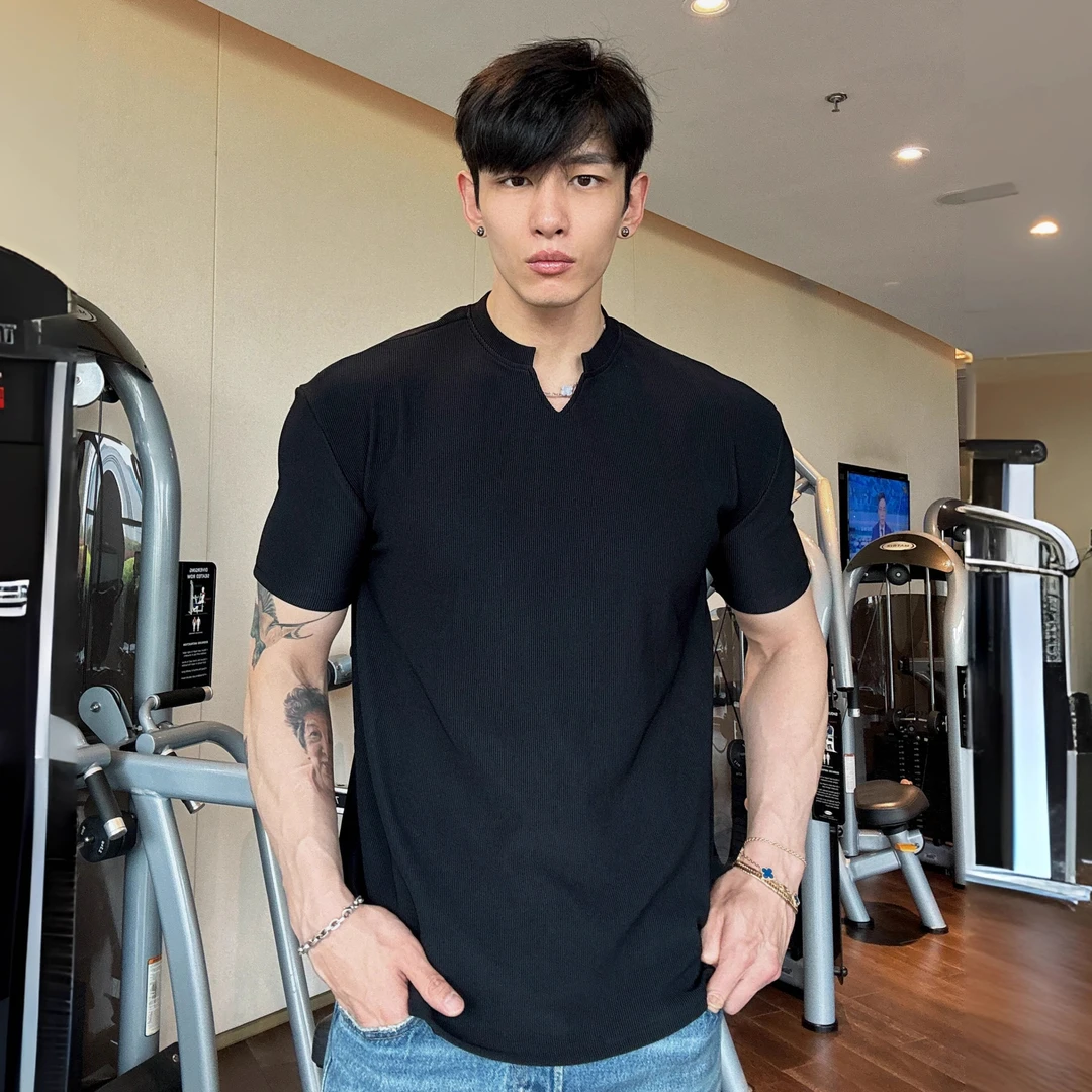 春夏男士纯色圆领V领T恤休闲简约细螺纹短袖健身训练打底百搭上衣