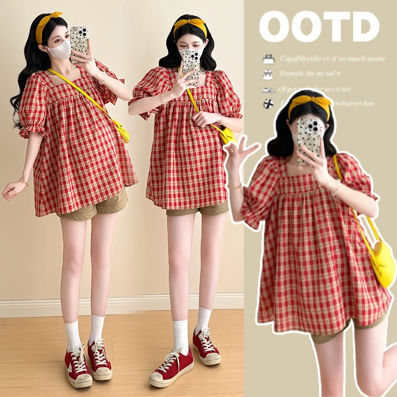 2025孕妇装夏季宽松显瘦T恤红色格子衬衫上衣搭配短裤孕妇套装