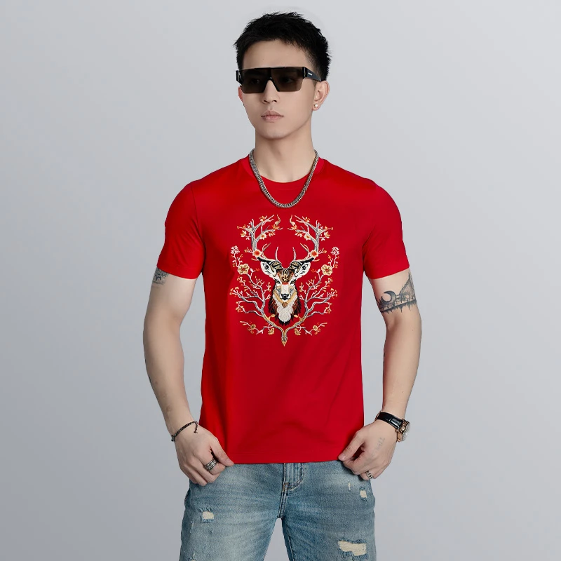【莫斯吉尔】 夏季潮流个性刺绣小鹿短袖时尚休闲帅气百搭修身T恤