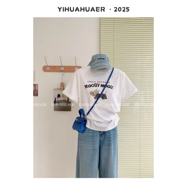 东大门百搭韩版小狗卡通图案夏季休闲显瘦宽松白色百搭T恤2237