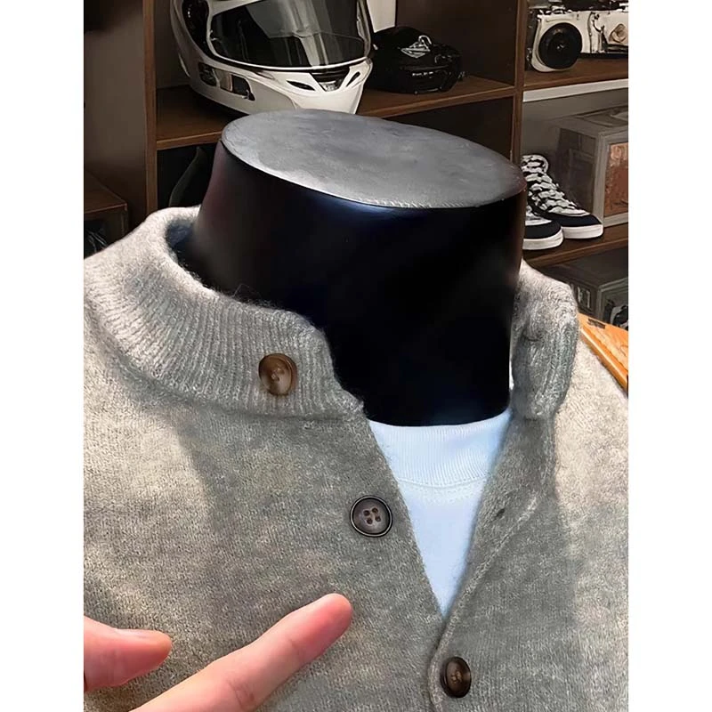 灰色美式复古亨利领毛衣男款秋冬高级慵懒风cleanfit打底针织外套