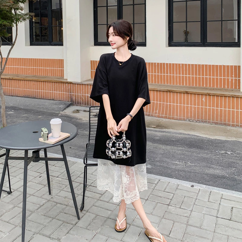 慵懒风穿搭卫衣裙女2025夏季新款两穿设计感蕾丝半裙连衣裙两件套