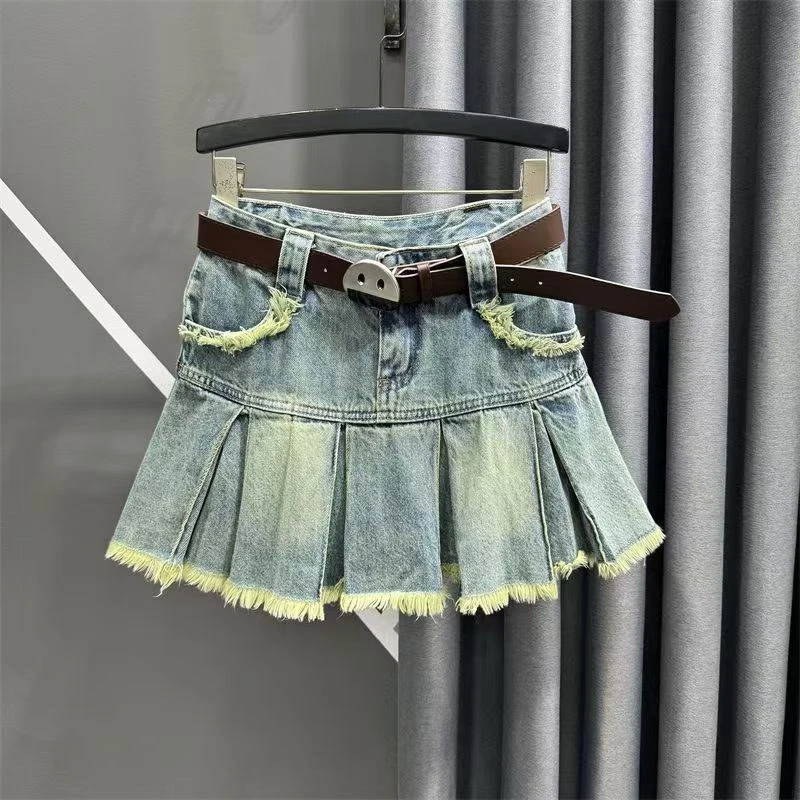 美式辣妹复古牛仔半身裙女2025夏季新款高腰显瘦A字毛边百褶短裙