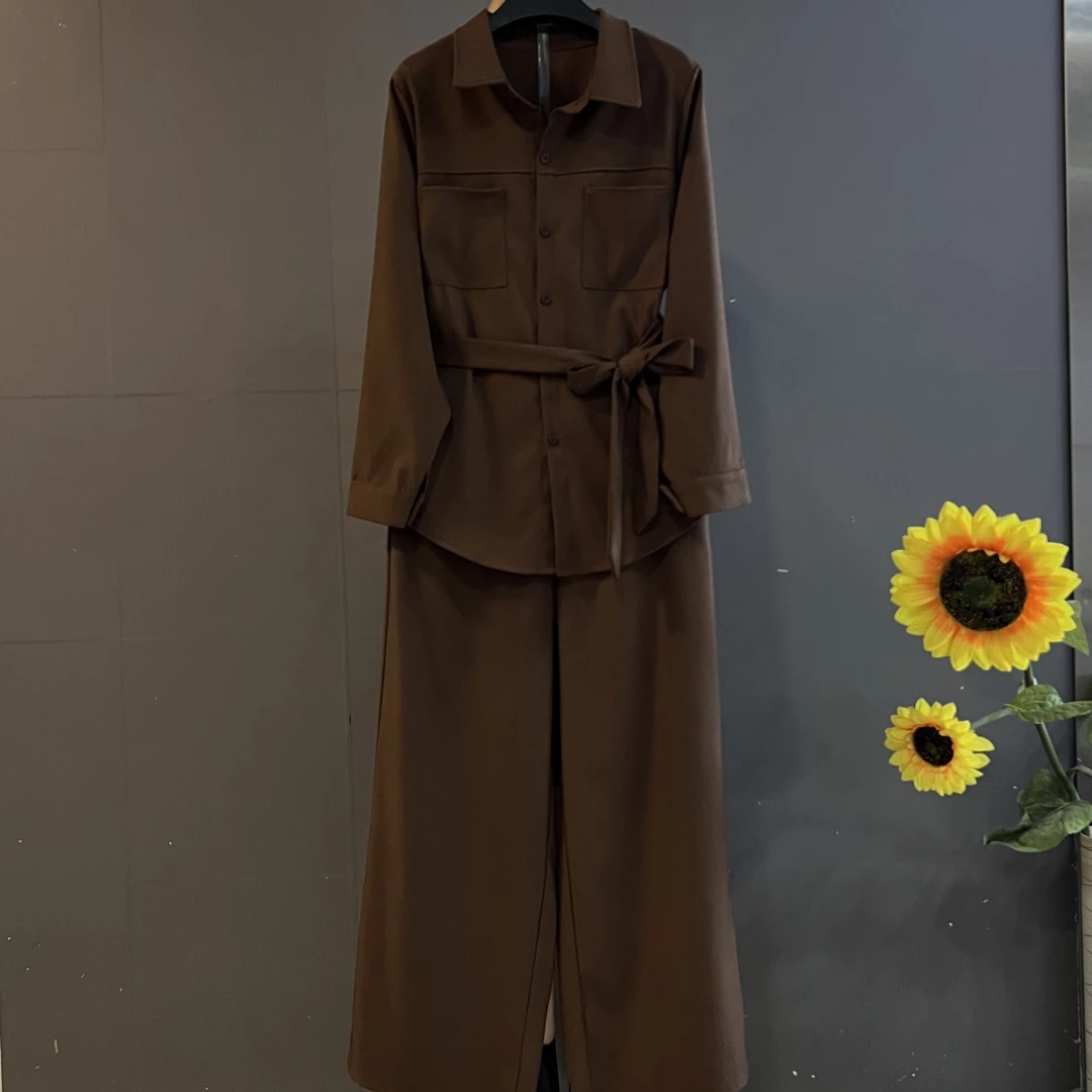 简约时尚休闲两件套衬衫系带腰带搭配阔腿裤收腰显瘦职业套装