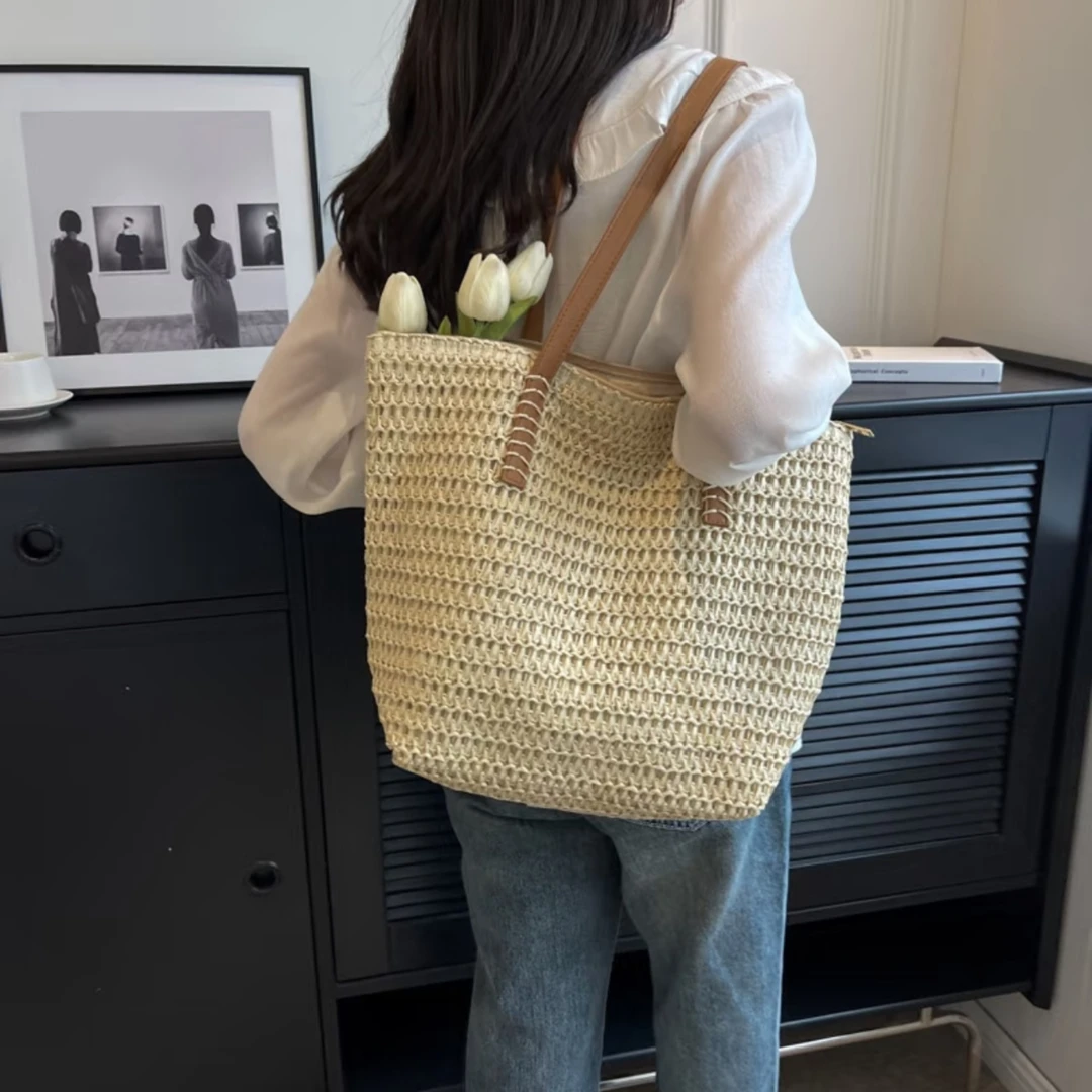 百搭法式草编包新款大容量托特包草包编织包女森系海边度假沙滩包