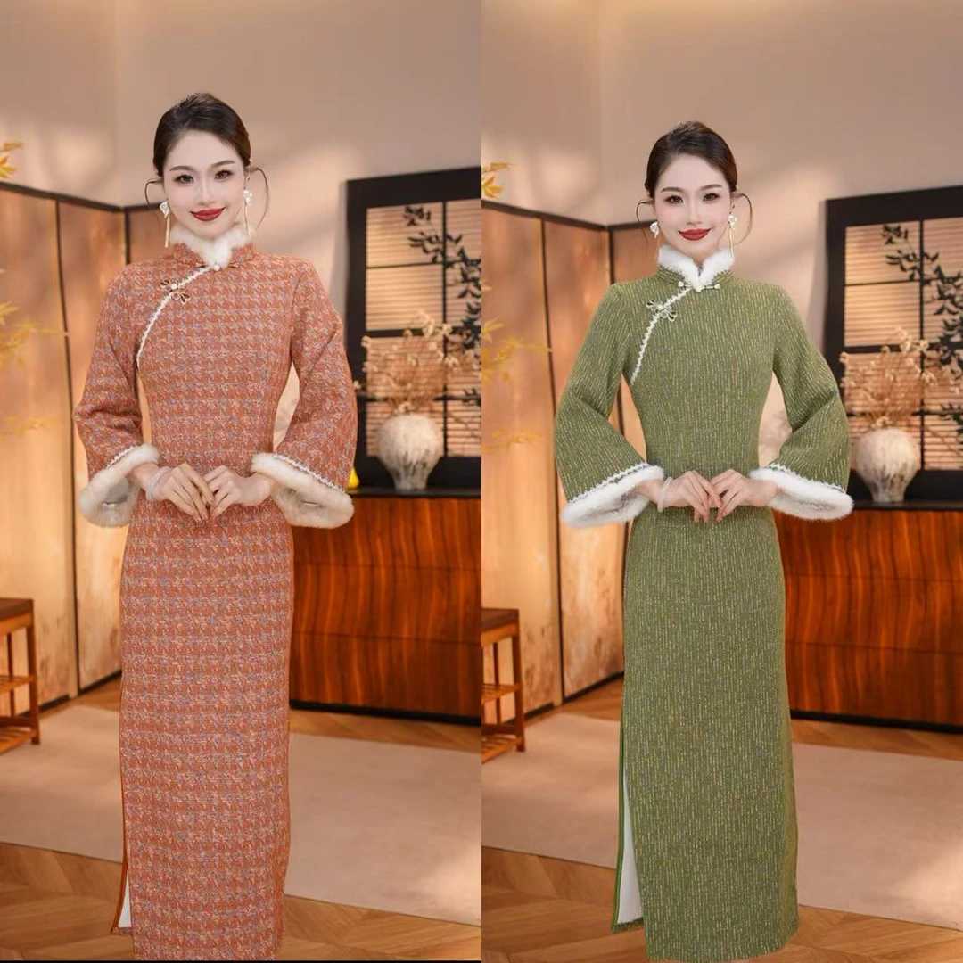 【花样年华】衣长120冬季新款加绒开叉气质文艺国风显瘦中长款旗袍