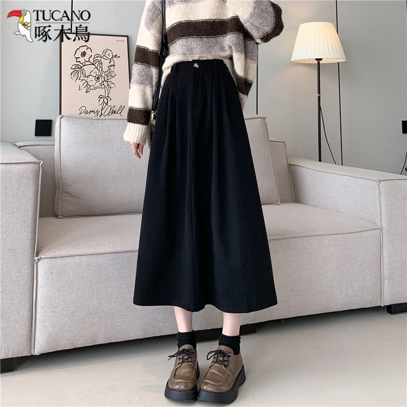 TUCANO/啄木鳥中长款毛呢半身裙子秋冬新款女高腰a字伞裙小个子裙