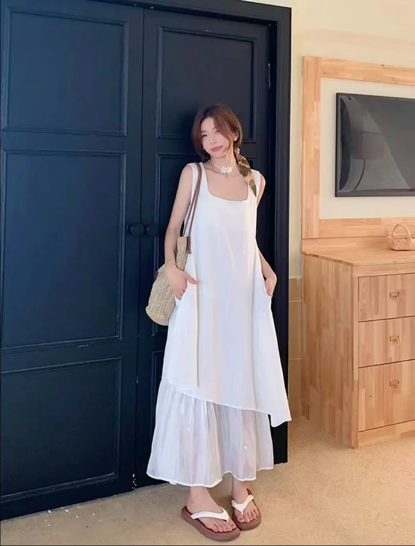【优雅起义】不规则下摆拼纱连衣裙宽松背心气质夏季复古收腰