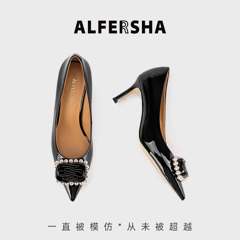 阿芙莎广系9236131珍珠玫瑰方扣尖头高跟鞋浅口细跟单鞋