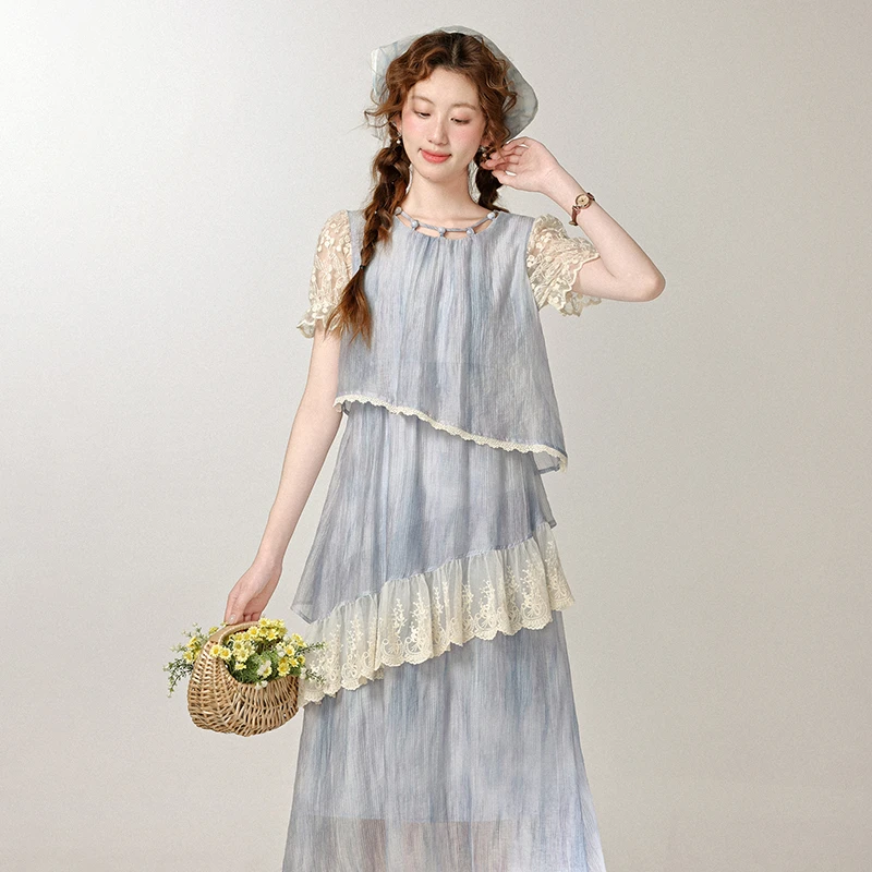 三寸藕【海蓝之梦】夏款度假风蓝色晕染连衣裙巨好看仙女裙L250777