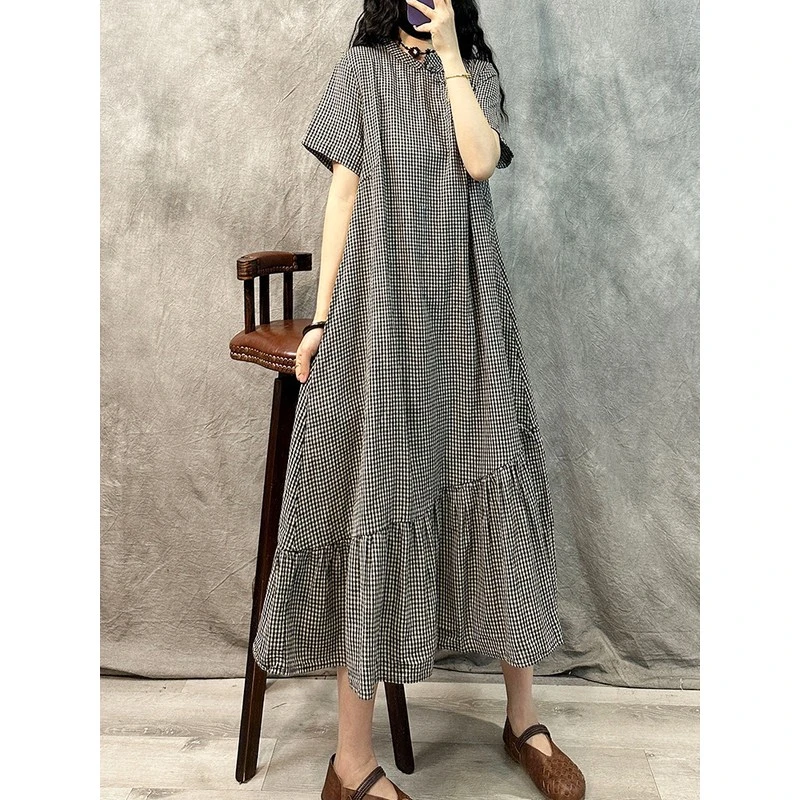 新中式复古气质格子棉麻短袖连衣裙女夏季宽松大码休闲亚麻长裙