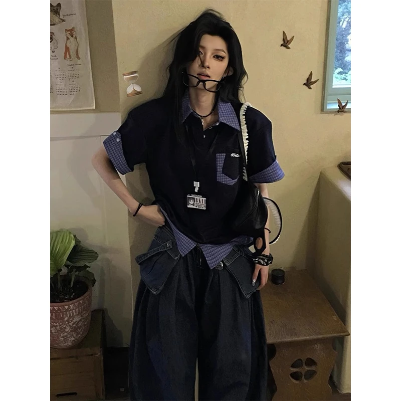 美式假两件POLO衫短袖男款夏季学院风重磅格子拼接t恤高级感半袖