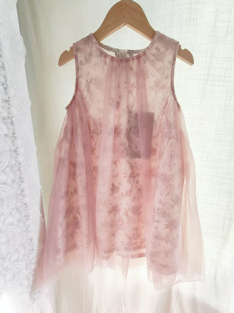 览瞳夏季女童粉色碎花仙女纱裙