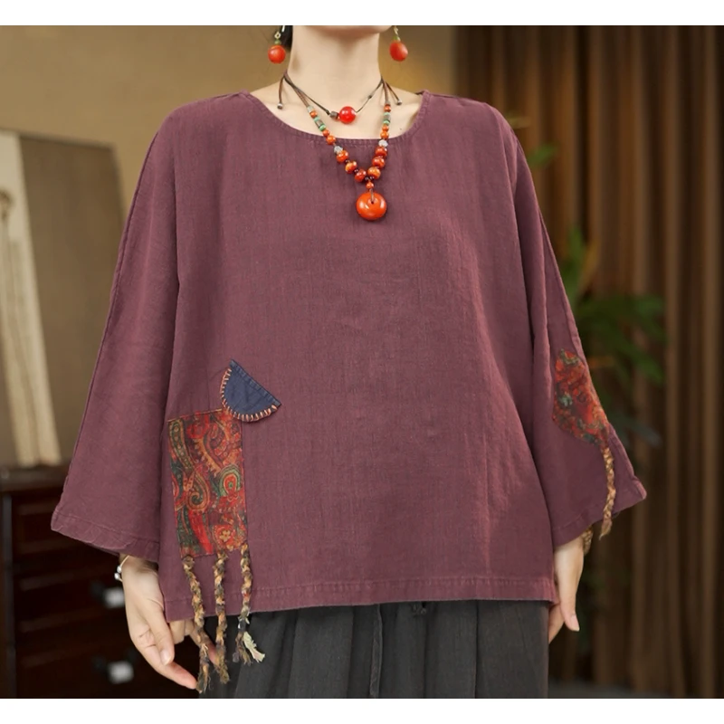新款3957双色复古炒色做旧亚麻贴布短款上衣