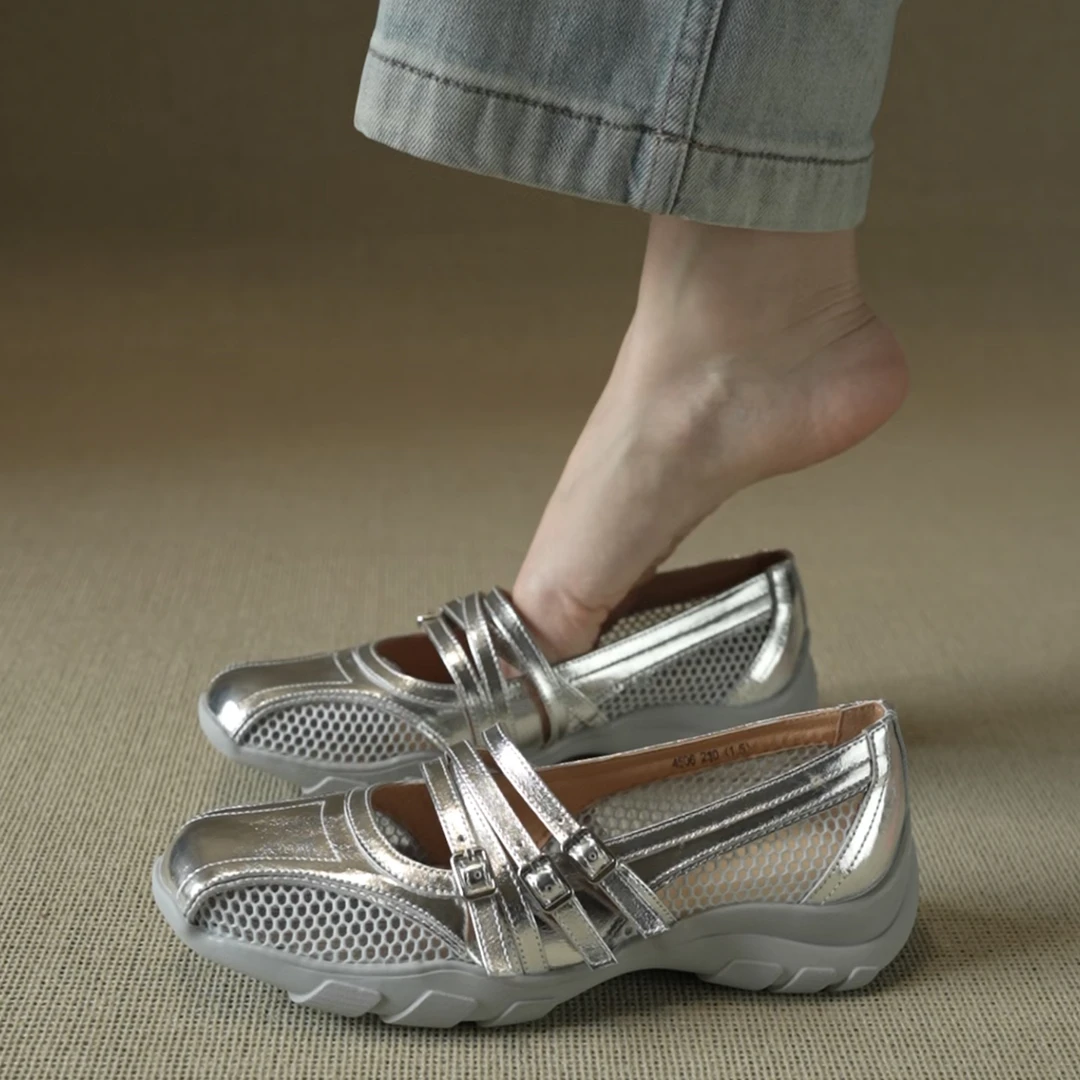 运动风真皮圆头镂空玛丽珍鞋女鞋2025新款休闲百搭厚底浅口网面鞋