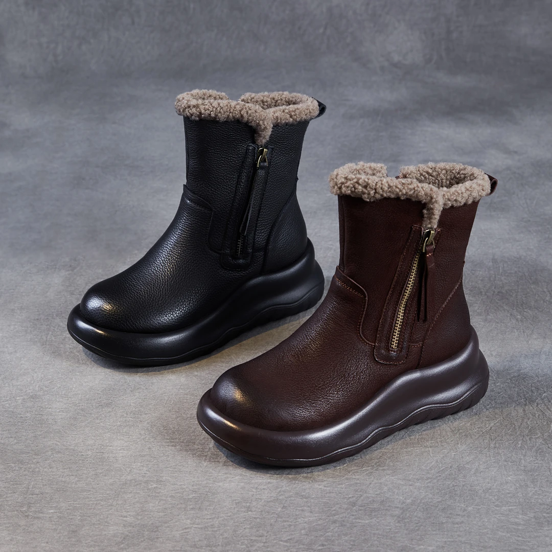 羊羔毛保暖棉靴子女头层牛皮2025新款冬季厚底雪地棉鞋真皮中筒靴