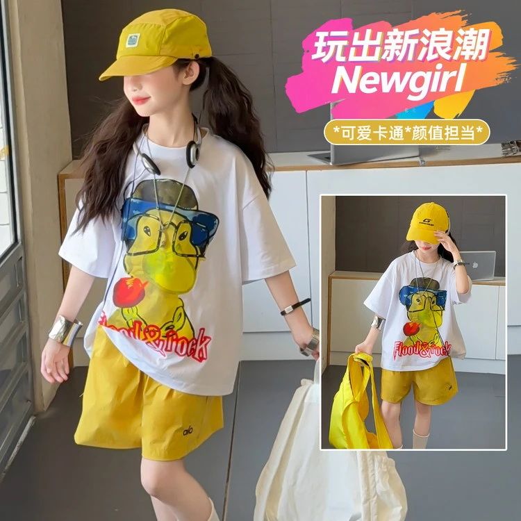 女童短袖t恤2025新款夏季儿童上衣超好看宽松女孩中大童衣服套装