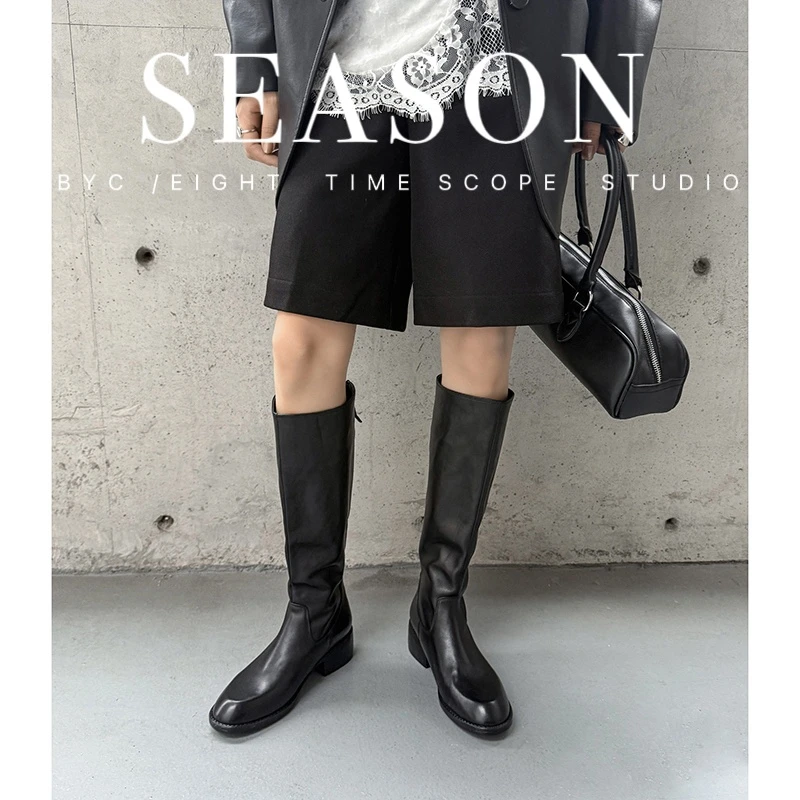【骑士靴】牛皮4.5CM/筒高37-品质时尚后拉链秀气显瘦高筒靴女百搭