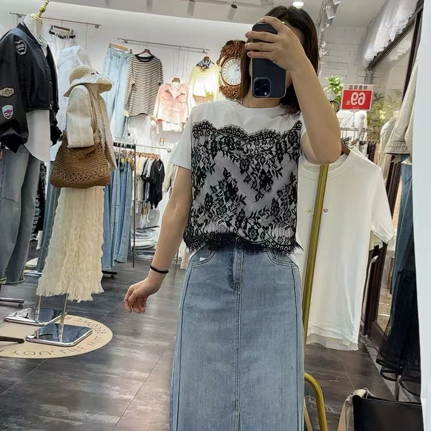 夏季新品精致高档蕾丝拼接短袖T恤衫时尚洋气减龄流行潮牌名媛女