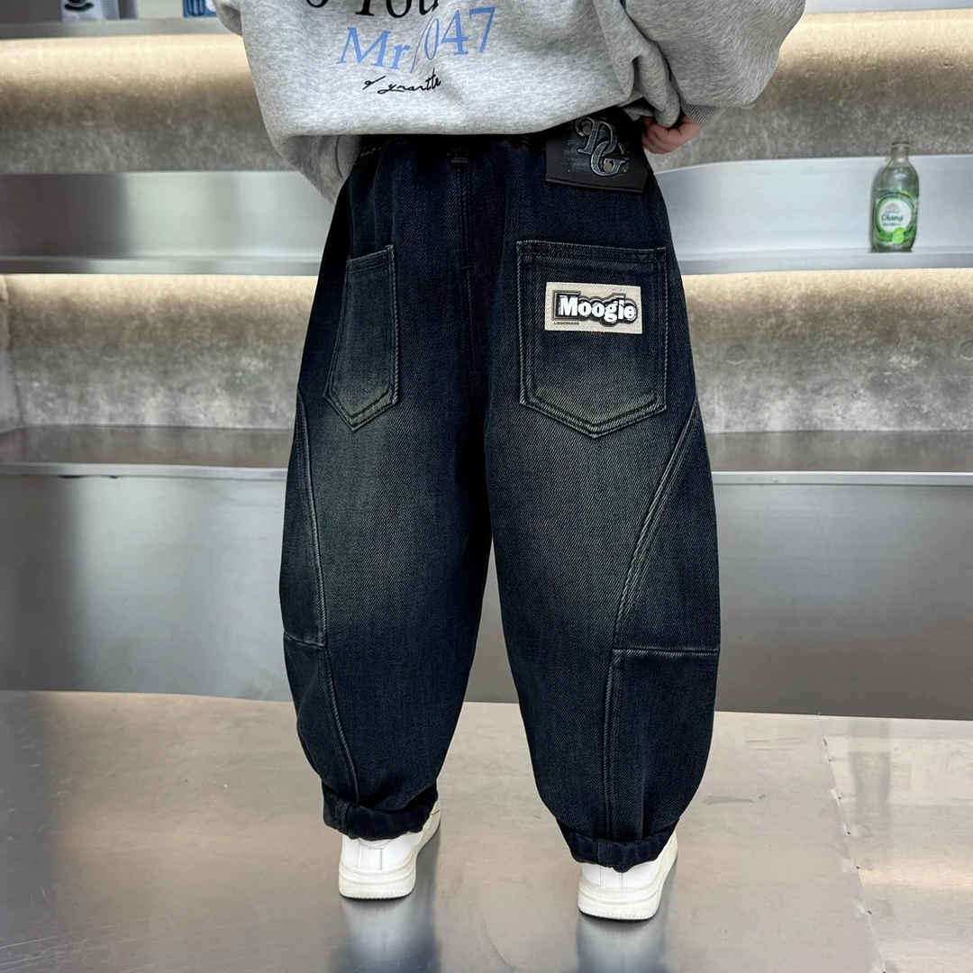 男童加绒牛仔裤冬装2025新款韩版一体绒休闲裤冬季破洞直筒加绒裤