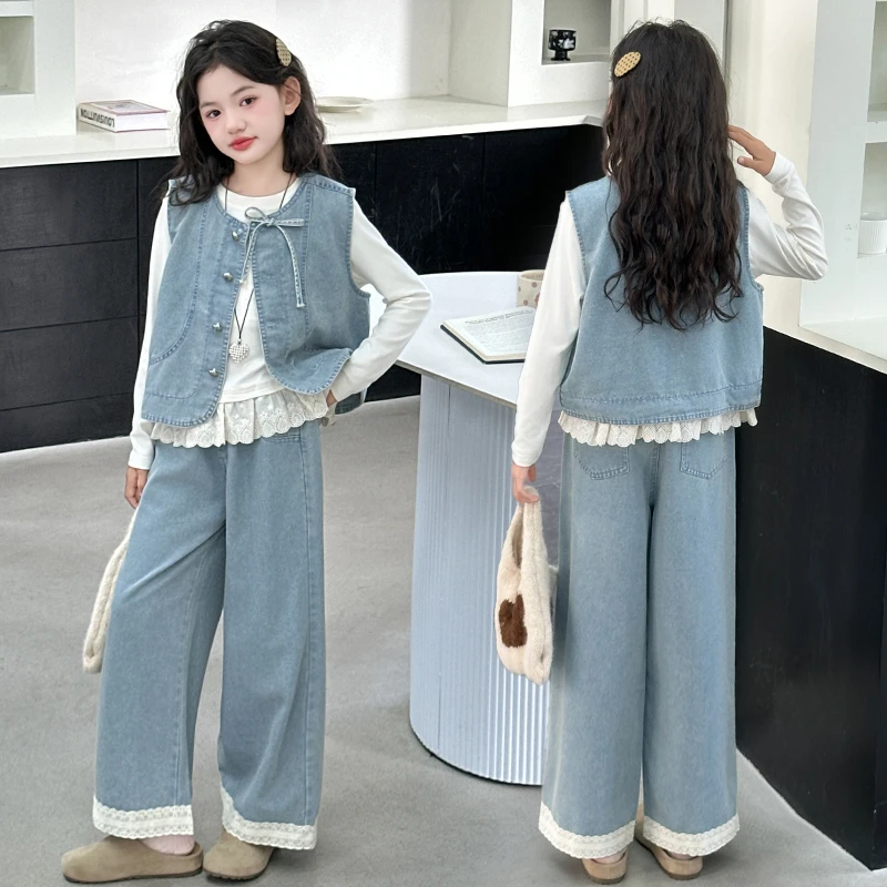女童超好看牛仔套装春秋款2025新款女大童韩系马甲儿童秋装三件套