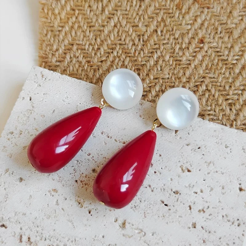 铜合金树脂耳饰 红色复古925银针水滴酒红树脂耳环女气质耳钉