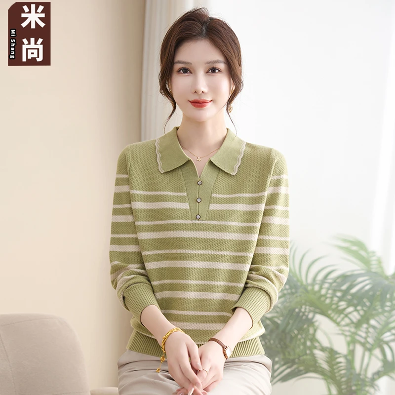 秋季针织减龄洋气显瘦上衣宽松中老年妈妈时尚条纹毛衣翻领打底衫
