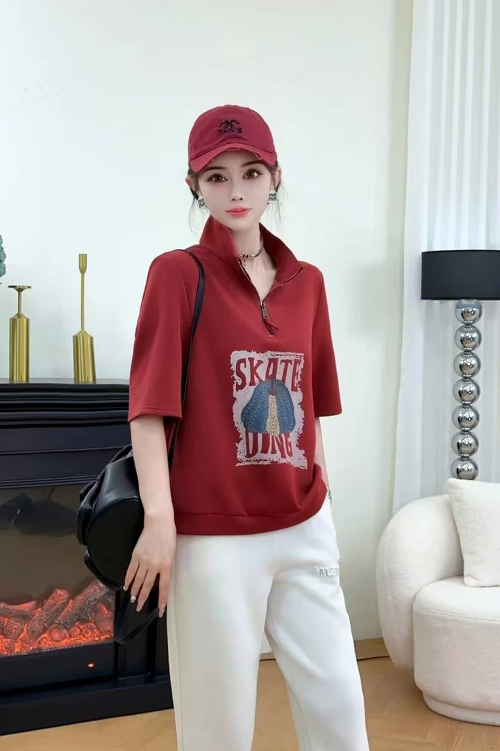 2025秋季新款韩版高开领女字母中袖卫衣女大码宽松显瘦拉链T恤