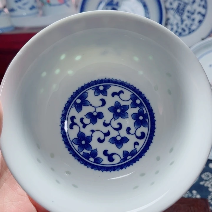 青花玲珑5寸饭碗紫荆花