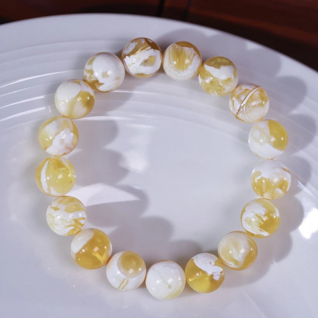12mm+俄料国矿天然金漆白溶洞妖孽圆珠蜜蜡手串时尚文玩精品单圈