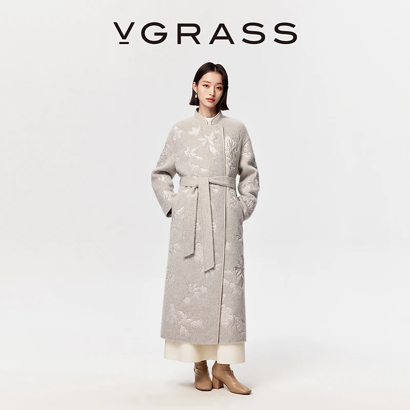 【马上有戏】VGRASS26早春新款重工贴布绣羊驼毛双面呢长款大衣女