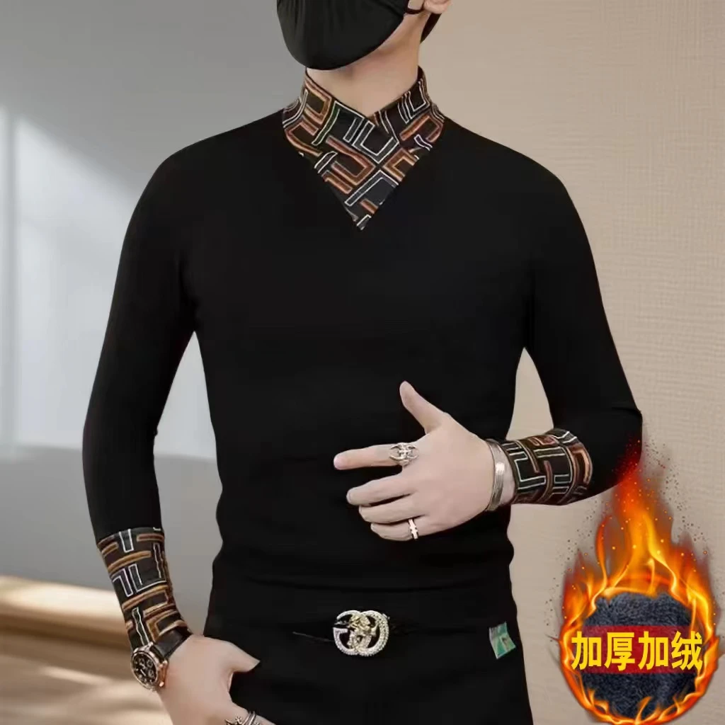简约款巾帼领一体绒保暖加厚打底衫男加绒轻奢格纹拼接时尚卫衣