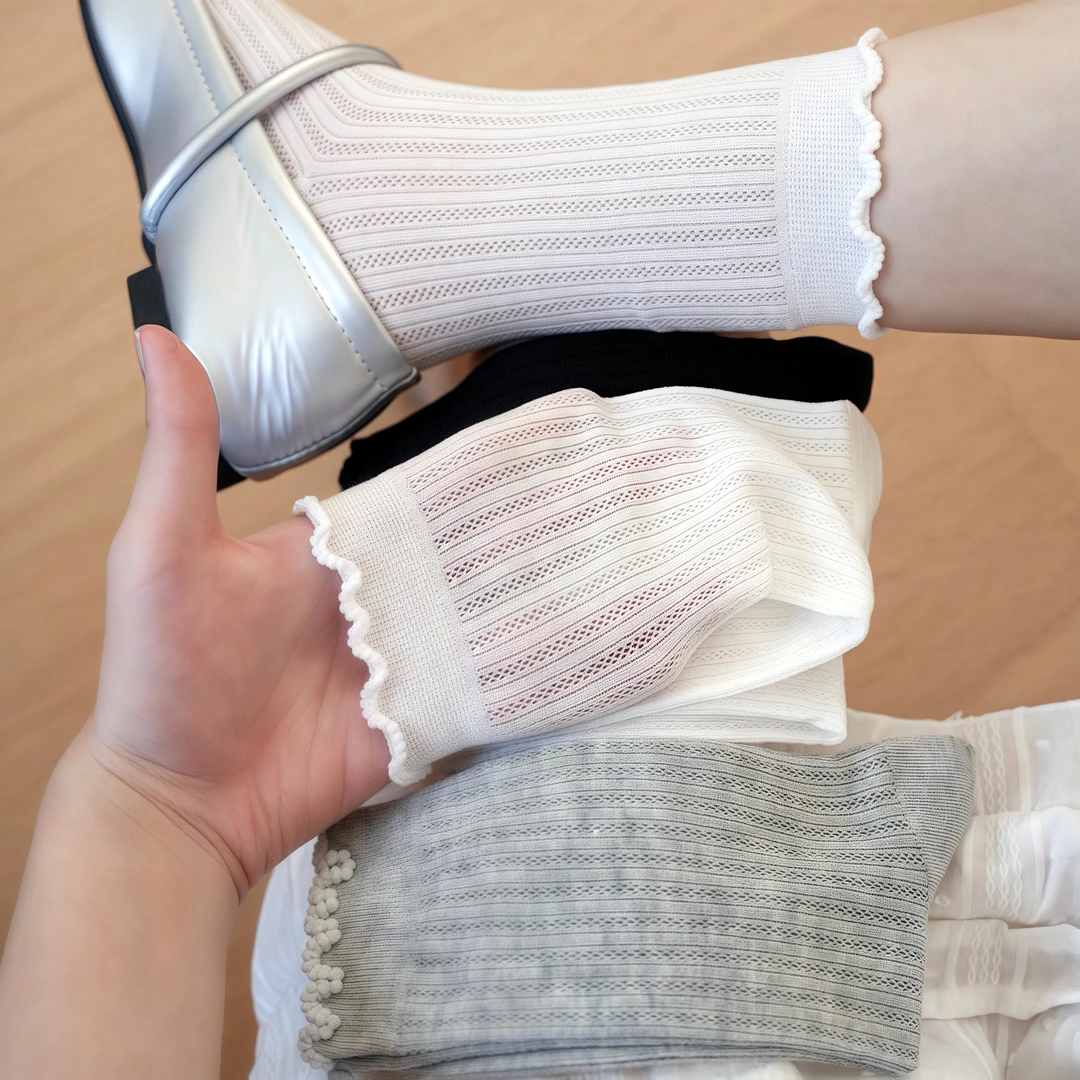 100%纯棉袜女夏季薄款网眼镂空透气ins纯色百搭中筒袜堆堆长袜cfc