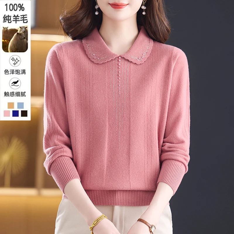 中老年女装100%纯羊毛打底衫娃娃领毛衣女时尚妈妈装大码保暖上衣