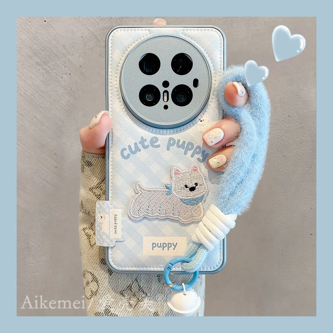 适用华为mate70pro+手机壳蓝色格纹刺绣小狗Mate60pro+毛绒挂绳女