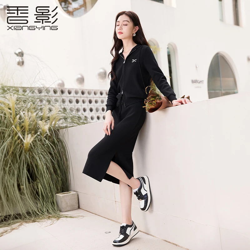 T834170时尚套装 香影黑色针织开衫套装裙女秋冬新款