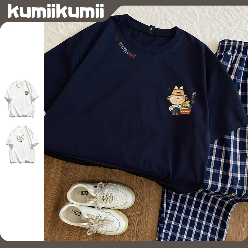 休闲宽松显瘦短袖圆领重磅纯棉小众创意卡通印花T恤上衣#T019380