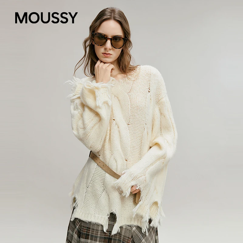 MOUSSY 2026早春新品潮酷慵懒风破洞大绞花毛针织衫028IAA70-1066