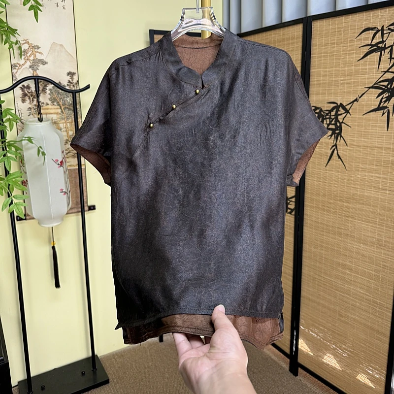 【匆匆那年】新中式香云纱短袖复古宽松气质时尚重磅桑蚕丝半袖休闲