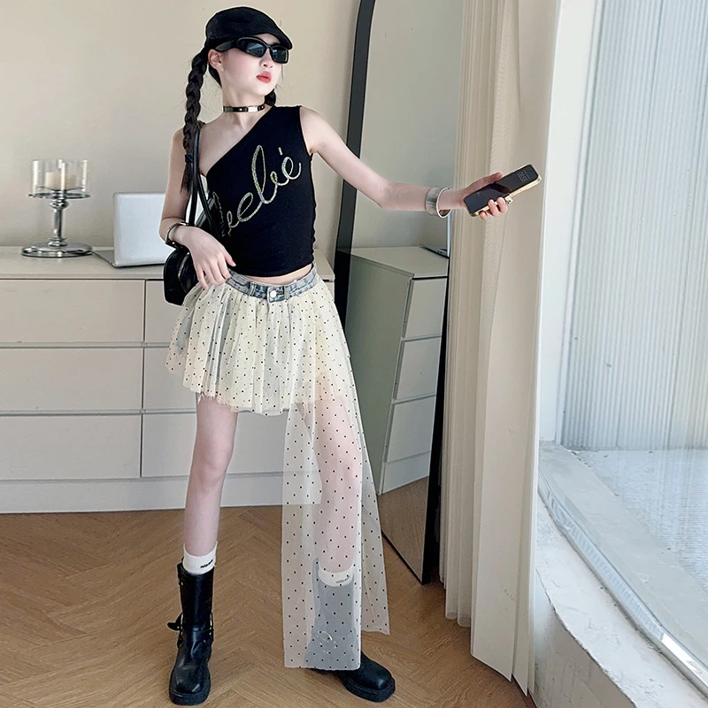 【毛妈潮牌】女童辣妹风背心牛仔短裤套装2025夏季潮系洋气两件套