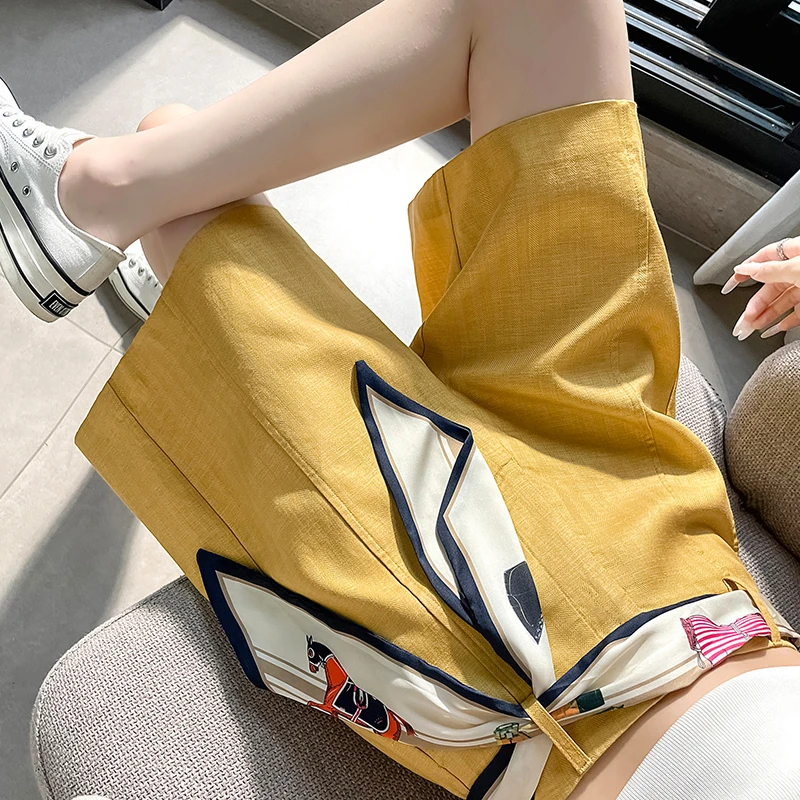 天丝亚麻丝巾腰带高腰阔腿短裤女夏季薄款时尚百搭显瘦五分裤2375