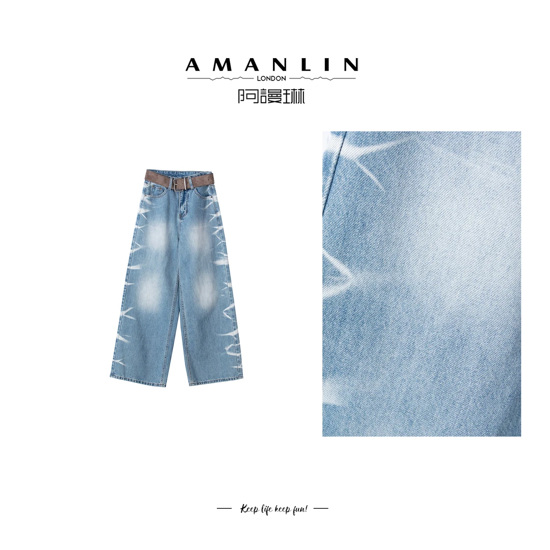 【AMANLIN】设计感气质ins风高级感显瘦百搭牛仔直筒长裤F595305