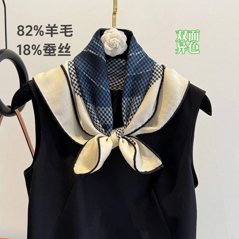 2025秋冬新款山茶花印花头巾数码双面印花真丝羊毛披肩女百搭丝巾